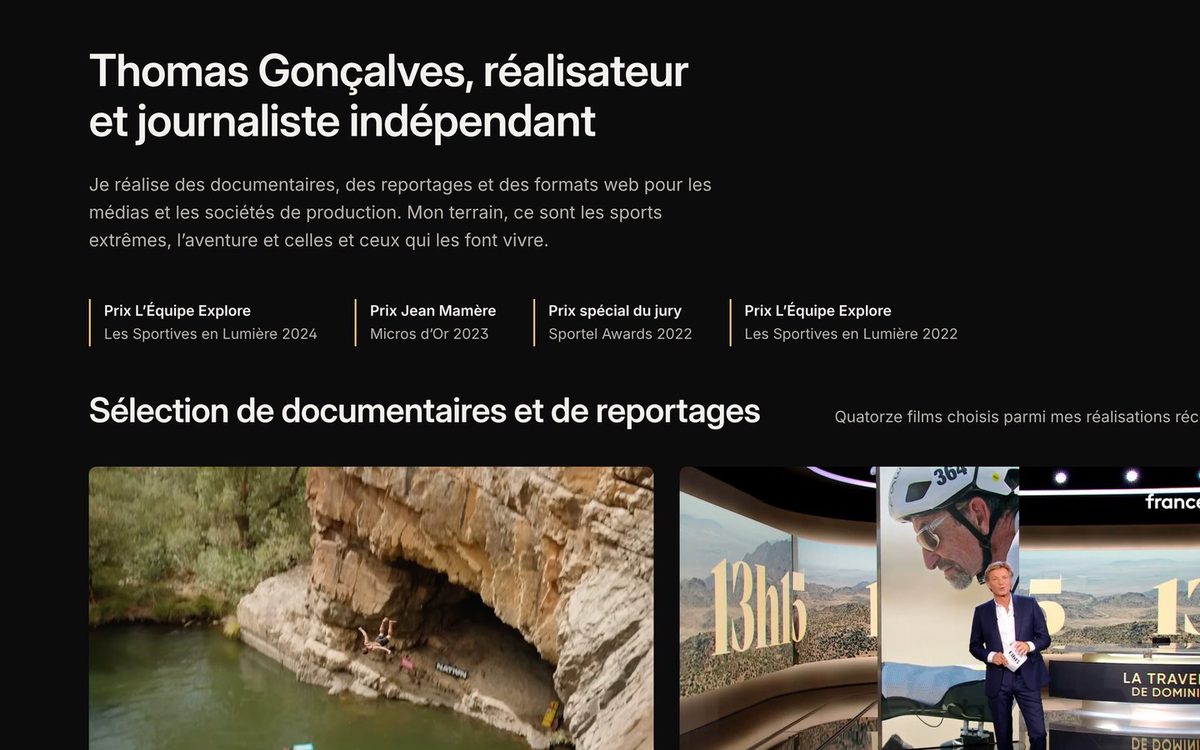 Page d’accueil du site de Thomas Gonçalves, réalisateur et journaliste, avec ses prix et une sélection de documentaires